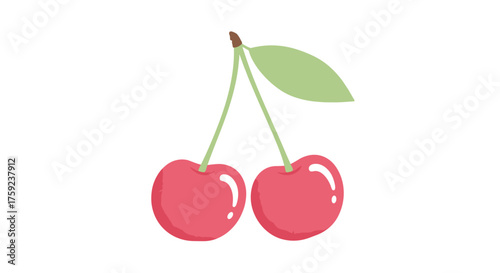 A pair of ripe red cherries with a stem and a green leaf hanging.