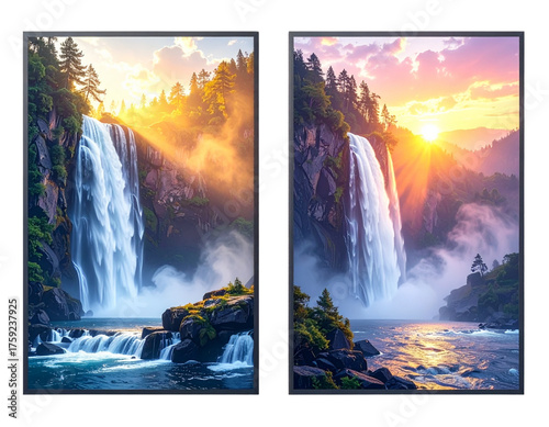 Beautiful Waterfall Landscape with Golden Sunlight Streaming Through the Trees isolated on transparent background