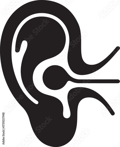 Stylized black and white icon of the human ear anatomy