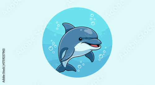 A cute cartoon dolphin swims happily in the bright blue ocean surrounded by playful bubbles.