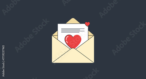 Open envelope with a love letter and a heart symbol inside with a small heart on top.