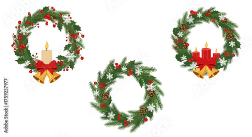 Festive decorated winter holiday wreaths with candles and bells on a white background.