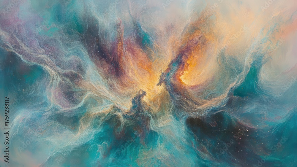 Fototapeta premium Vibrant nebula swirls ignite with cosmic energy, painting the universe in breathtaking hues of teal, gold, and violet, inspiring wonder and awe.