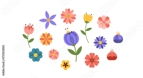 A colorful collection of various types of flowers and some decorative elements arranged in a pleasing composition.