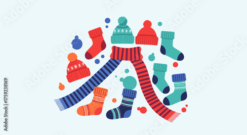 A vibrant collection of winter hats scarves and socks arranged in a playful pattern.