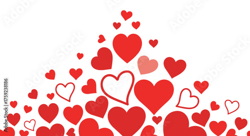 A delightful collection of red and pink hearts in various sizes arranged in a joyful ascending pattern.