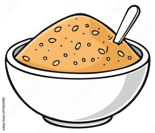 Vector illustration of a white bowl filled with granular food and a spoon