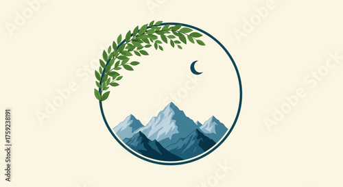 A serene mountain landscape under a crescent moon framed by gentle green foliage.