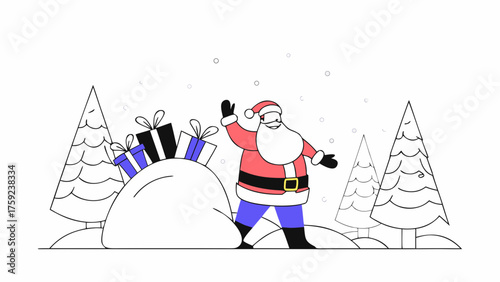 Animated illustration of Santa Claus waving next to a large sack filled with gifts.