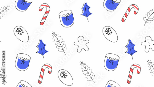 Festive winter holiday pattern featuring candy canes, marshmallows, holly leaves, snowflakes, gingerbread men, and pine branches.