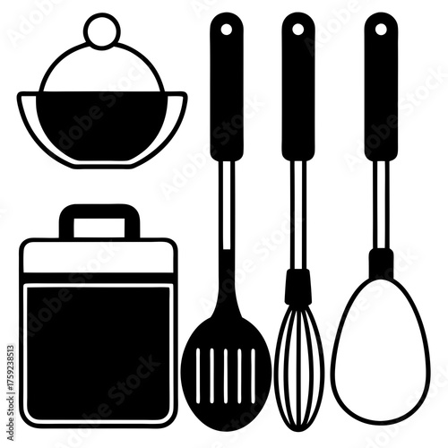 Set of black and white icons representing kitchen utensils and containers for cooking and food preparation