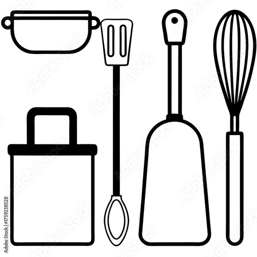 Collection of simple black and white line art kitchen utensils and cookware
