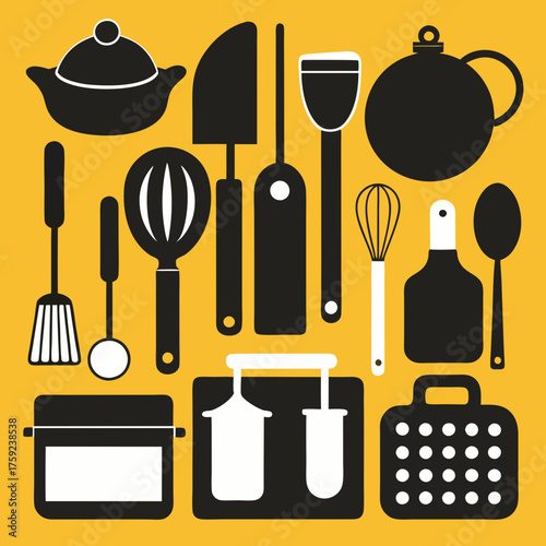Collection of black kitchen utensils and cookware against a bright yellow background