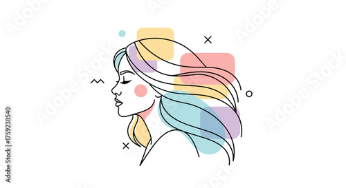 Minimalist illustration of a woman's profile with colorful abstract shapes adorning her hair.