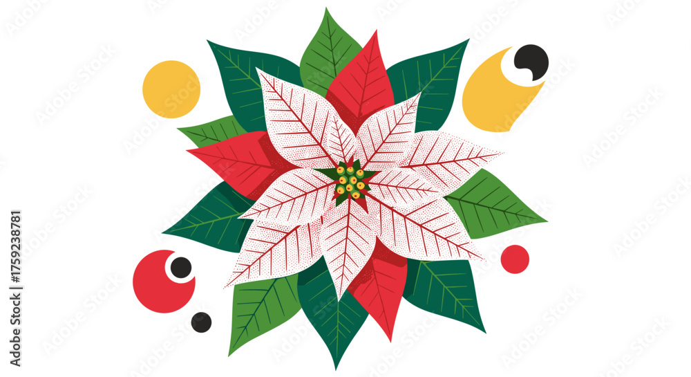 Naklejka premium A beautiful poinsettia flower with its vibrant red and green leaves adorned with festive decorations all around.