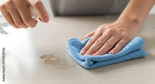 Person Cleaning Wooden Surface with Blue Cloth and Spray Bottle in Bright Kitchen