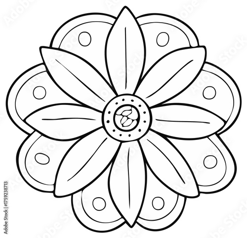 Floral Mandala Pattern Black Outline Design Simple Flower Design for Coloring Books or Henna Tattoos