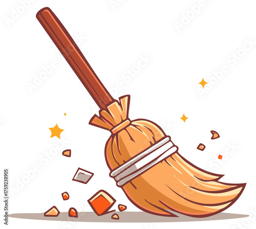 Cartoon broom sweeping up broken tiles and dust in a whimsical style cleaning concept