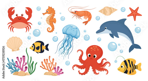 A collection of cute underwater sea creatures and marine life.