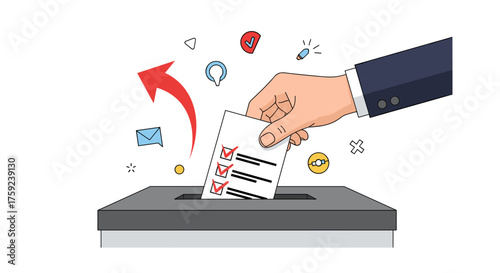 A hand places a marked ballot into a ballot box symbolizing the act of voting.