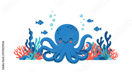 An adorable blue octopus is swimming happily among coral reefs and small fish.