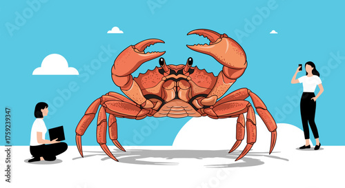 Two people interact with a giant crab on a sunny day.