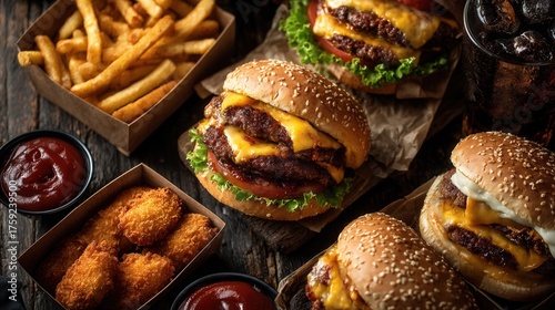 Unhealthy junk food delivery background with cheeseburgers, nuggets, and fries