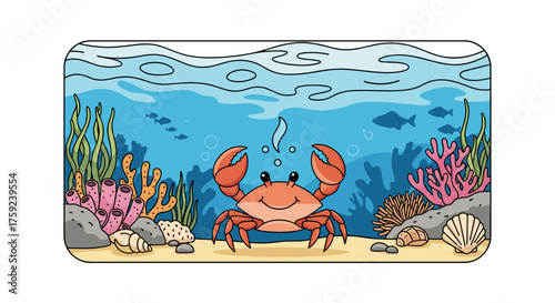 A happy crab is exploring its vibrant underwater home filled with coral rocks and seaweed.