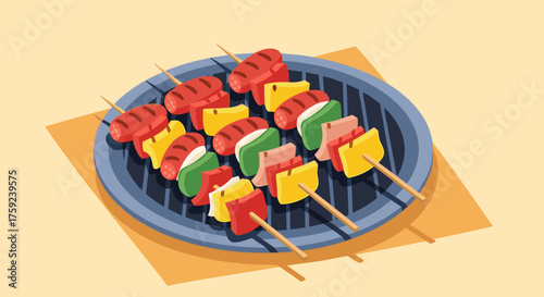 A delicious assortment of grilled skewers with colorful vegetables and meats cooking on a barbecue.
