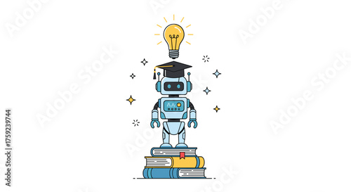 The intelligent robot is wearing a graduation cap standing on a stack of books with a light bulb symbolizing ideas above its head.