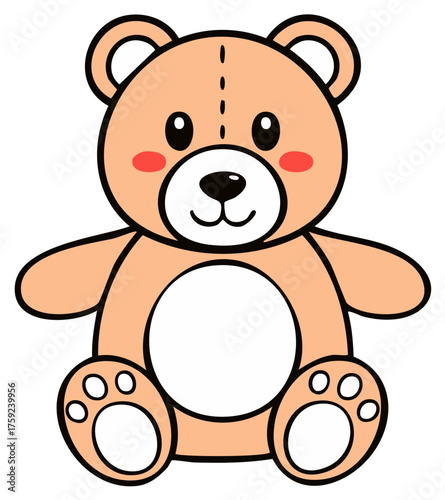 Cute cartoon peach teddy bear illustration with rosy cheeks and stitched nose sitting