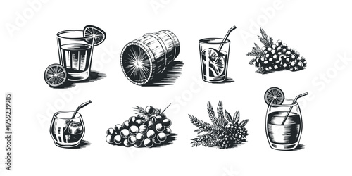 Vintage Beverage Icons with Grapes and Wood Barrel