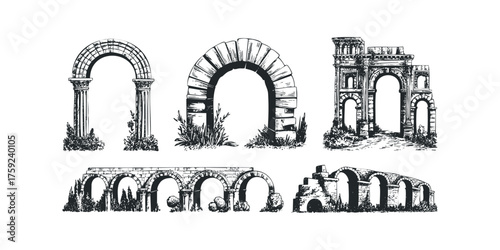 Collection of Ancient Arches and Architectural Ruins