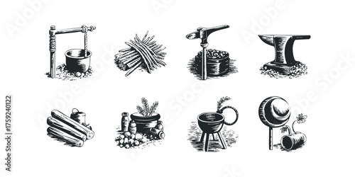 Woodcut style collection of blacksmith tools and objects