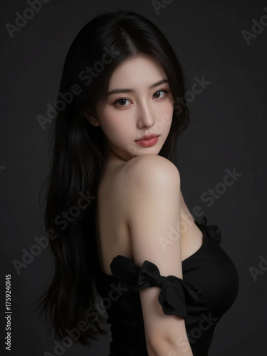 A Japanese woman with long hair wearing a black dress. Generative AI