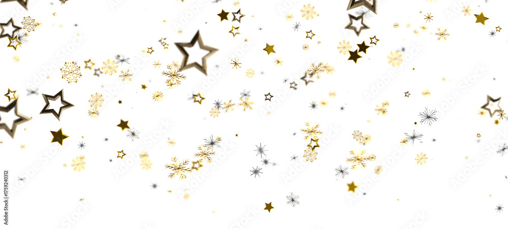 Obraz premium Abstract background featuring falling gold stars and snowflakes on a white backdrop, ideal for holiday designs and winter themes.