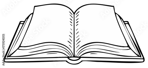 Open book with blank pages and thick binding in a simple line drawing style