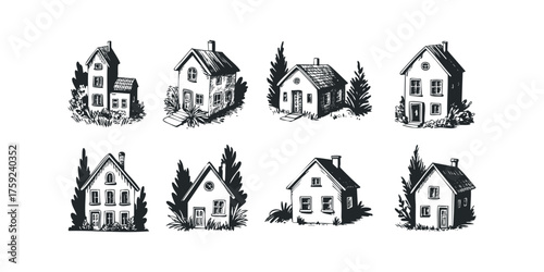 Collection of eight sketched houses with trees and foliage