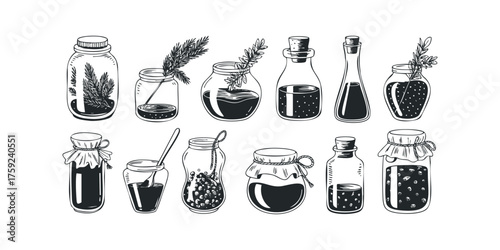 Collection of assorted jars and bottles with plants and liquids