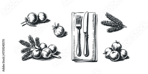 Hand Drawn Apple Fruit and Cutlery Set