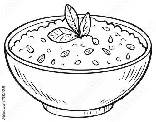 Hand drawn illustration of a bowl filled with granular food and garnished with fresh leaves and seeds