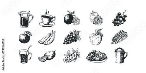 Hand-drawn collection of fruits and beverages