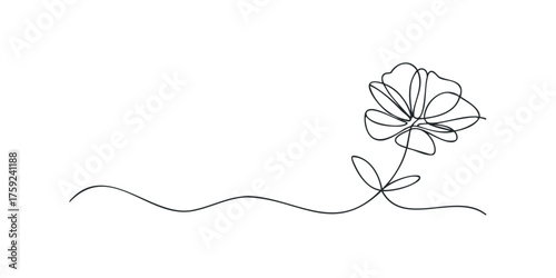 Continuous line drawing of a single flower with stem and leaves