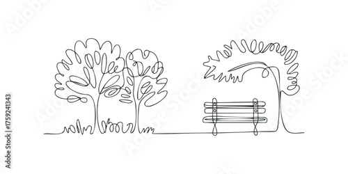 Continuous line drawing of park trees and bench