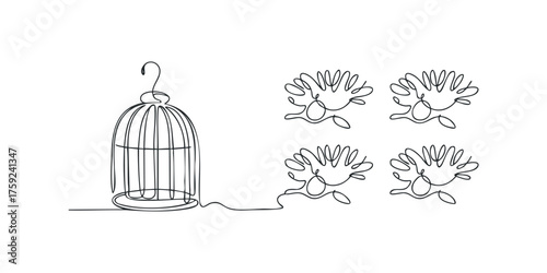 Single line drawing of a birdcage connected to abstract floral shapes