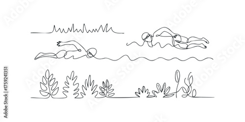 Abstract swimmers and foliage line art