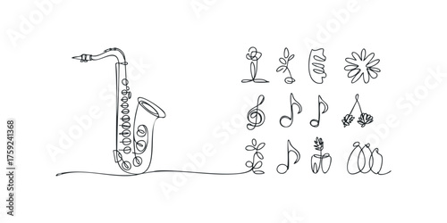 One-line drawing of a saxophone with musical notes and floral motifs