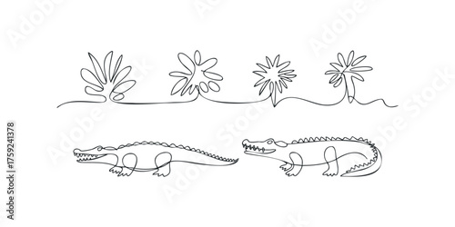 Two alligators and stylized palm trees in a single line drawing