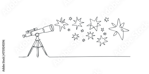 Continuous line drawing of telescope observing stars