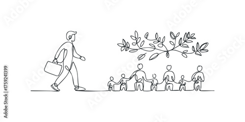 Man with briefcase walks away from connected figures under vine